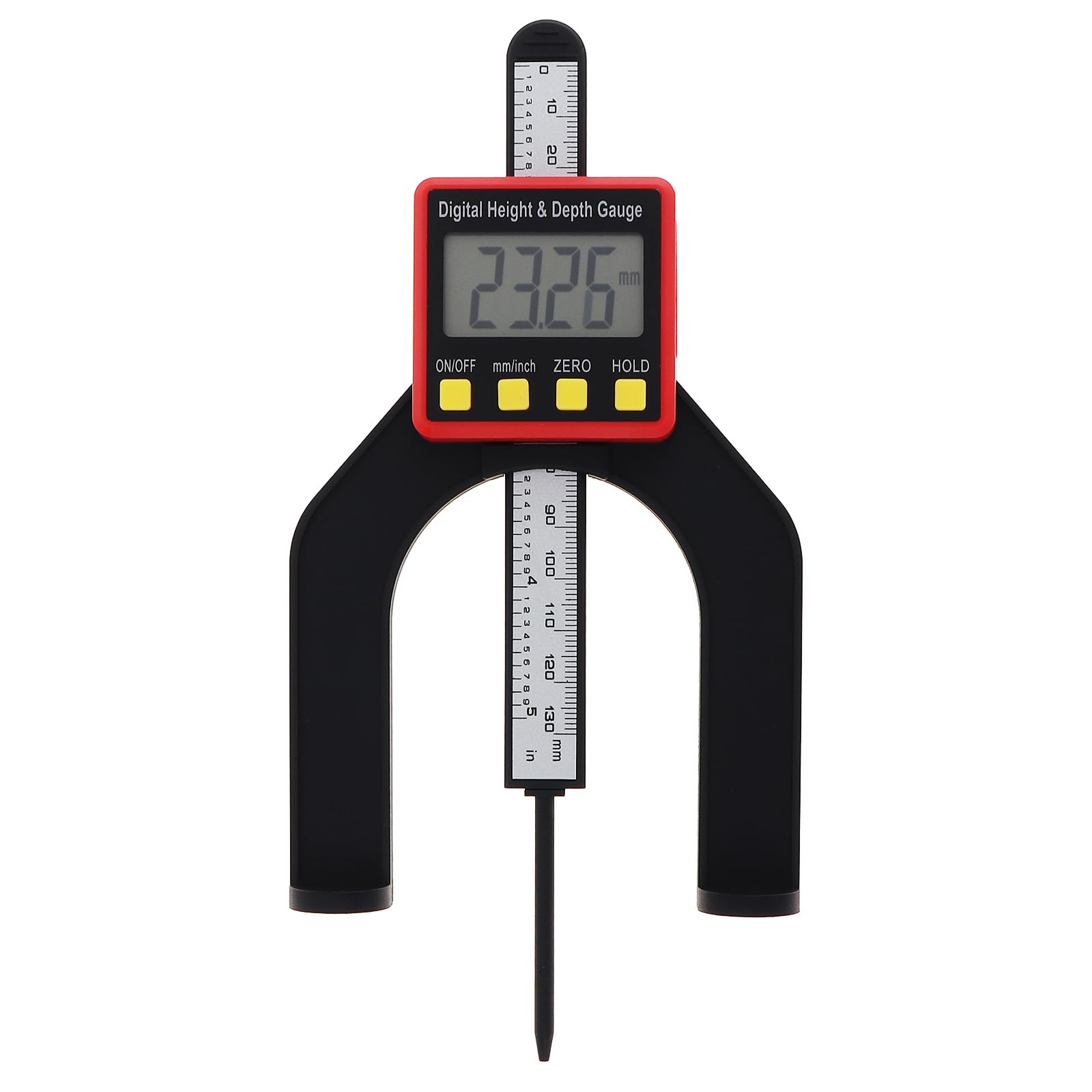 Digitales Tiefenmesser, Höhenmesser, LCD-Display, Messlineal für Oberfräse, Tischsäge, Tischdickenmessgerät mit magnetischem Selbststehend, für Holzbearbeitung, Heimdekoration (rot)