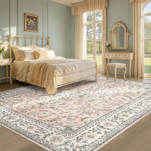Tortania Area Rug Living Room Rugs - 6x9 Washable Boho Rug Vintage Oriental Distressed Farmhouse Large Thin Indoor Carpet for Living Room Bedroom Under Dining Table Home Office - Floral Pink