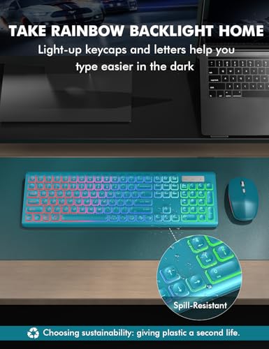 Image of Wireless Keyboard and Mouse Combo, RGB Backlit, Rechargeable & Light Up Letters, Full-Size, Soft Typing, Sleep Mode, 2.4GHz Quiet Keyboard Set for Mac, Windows, Laptop, PC, Trueque (Metallic Blue)