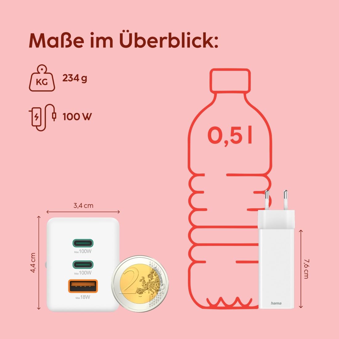 Hama USB Schnellladegerät, 2X USB C + 1x USB A, Mini Ladegerät, 100W | GaN Charger schwarz, Universal Ladegerät, Quick Charge 3.0/Power Delivery, USB Ladestecker mehrfach, Laptop Netzteil