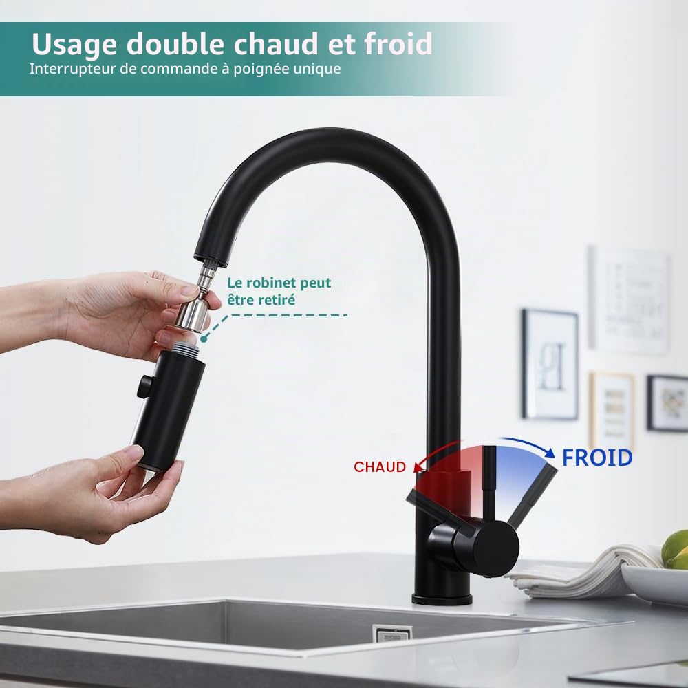 Robinet De Cuisine Home2O Schyler – Poignée Extractible, Montage Sur Pont, Bronze H60K-51D-ORB