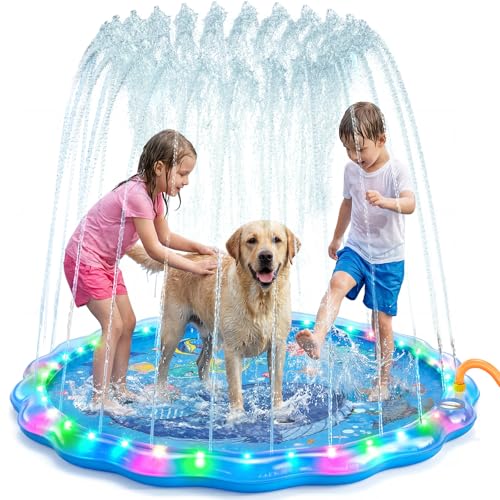 Dsquu LED Glowing Splash Pad Sprinkler for Kids & Dogs, 60' Non-Slip Outdoor Water Toys Toddler...