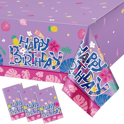 Image of Oudain 3 Pcs Cartoon Birthday Party Disposable Tablecloth Decoration Hawaiian Hibiscus Tropical Leaves Pattern Table Cloths 108'' x 54'' Luau Plastic Waterproof Rectangular Covers for Party (Purple)