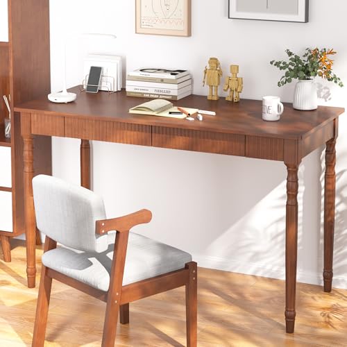 Image of 100% Solid Wood Desk with Drawers - 47.2 inch x 21.7 inch Mid Century Modern Desks, Vintage Writing Desk with Drawers, Simple Work Study Table, Home Office Computer Desks for Any Room - Walnut Color