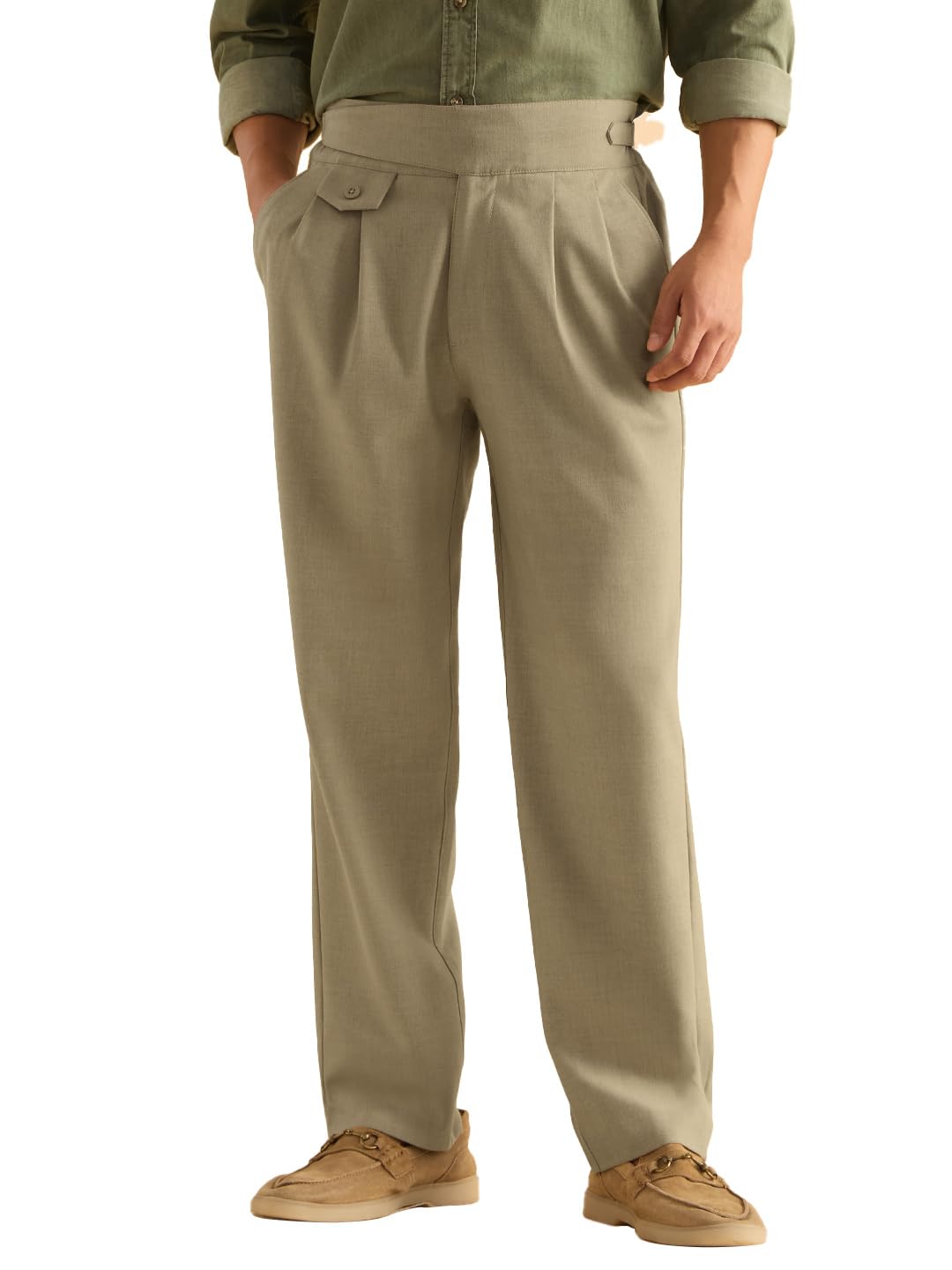 The Souled Store Gurkha Pants Men and Boys Solid Polyester Blend Straight Fit Adjustable Waistband 4-Way Stretch Wrinkle Resistant Pleated Front Trousers in neutral