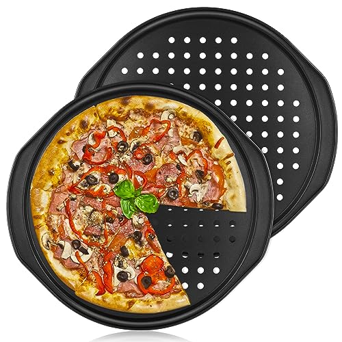 2 Pcs 14 Inch Pizza Trays for Oven Non Stick Pizza Pans Round Perforated Pizza Oven Trays Carbon Steel Baking Tray with Handle, Black