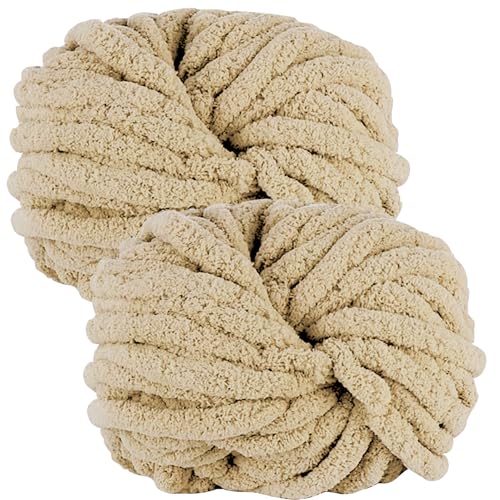 bechoanigel 2 Ovillos Lana Gruesa para Tejer a Mano, 500g Chenille Chunky Yarn, Ovillo Lana Gorda para Tejer a Mano Mantas, Bufandas y Gorros Suaves (Té con Leche)