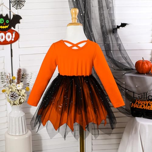 LYSMuch 18M-10Y Toddler Girls Halloween Dress Spider Tulle Dresses Long Sleeve Tutu Outfits Pumpkin Clothes3
