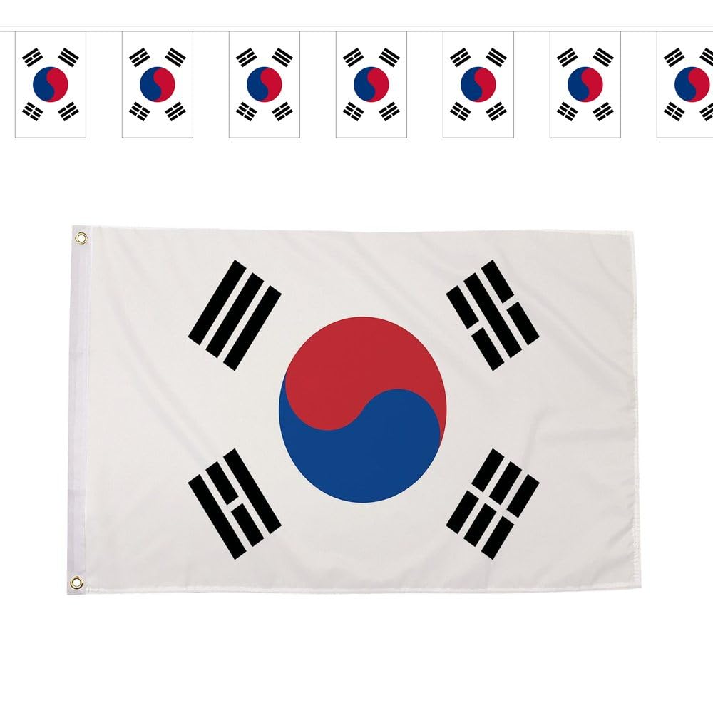 Flagtex South Korea Taegeuk Warriors World Cup 2026 Medium Team Bundle Includes 5ft x 3ft Premium Polyester Flag and 9m Rectangle Bunting Football Fan Pack Indoor Outdoor Decoration โ image 1