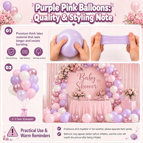 Image of Pink and Purple Balloons, 12 Inch Pastel Light Pink Lavender White Balloons with Lilac Beige Metaliic Balloon for Fairy Princess Butterfly Birthday Bridal Shower Baby Shower Wedding Party Decoration