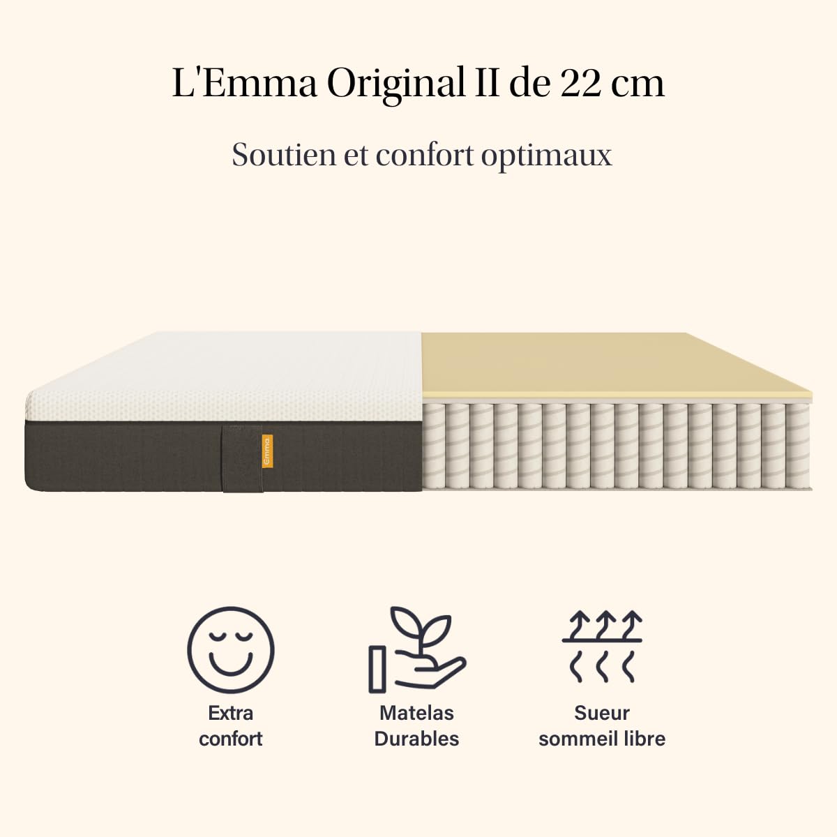 Matelas Emma Original Lite | Mousse à mémoire de forme, ressorts ensachés | 140x190 cm | hauteur 22 cm | Moyen-ferme (H7) | Soutien à 3 zones | Ergonomique | Ultra respirant | Durable | Housse lavable