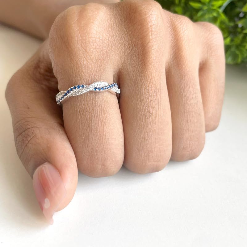 Blue Sapphire Twisted Wedding Band For Women, 14k Gold Finish Diamond Swirl Anniversary Band, Ladies Twisted Crossover Sapphire Band