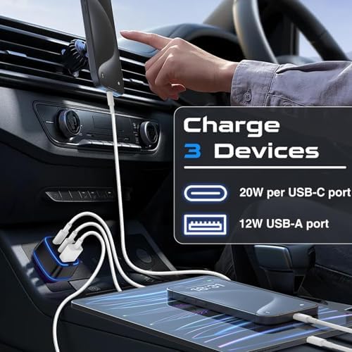 USB-C Car Charger, 32W 3-Port 2×USB-C PD for iPhone 17/16/14/13/12/11 Pro Max Plus Mini Air +1×USB-A QC for Samsung, Cigarette Lighter Adapter for iPad, 12V Car Charger Andriod Phone, Black, 2-Pack - 1