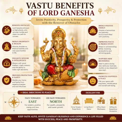 Image of Lord Ganesha Idol for Home Mandir & Office, 4 Inch Marble Dust Resin Ganesh Murti with Antique Multicolour Finish, Ganpati Idol for Pooja Room, Home Decor, Housewarming & Diwali Gift