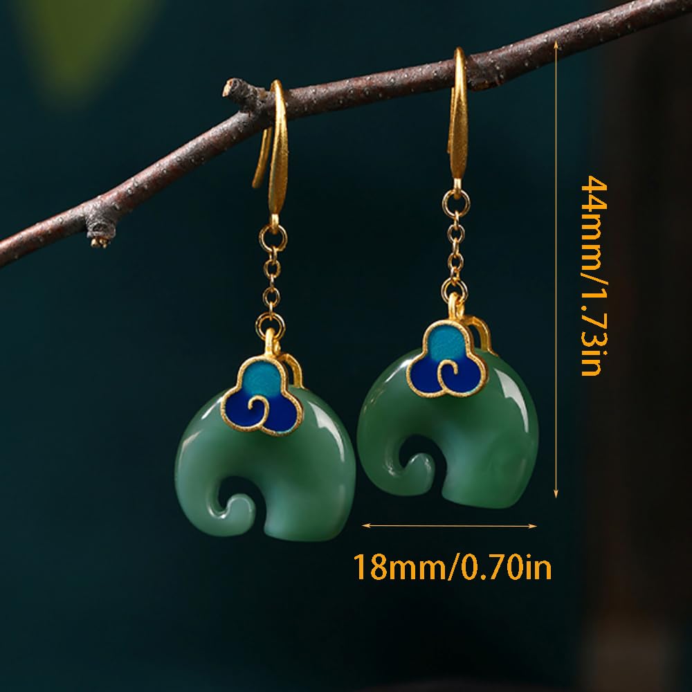 WBDWWTD Auspicious Clouds Elefantenförmige Emaille- und Hetian-Ohrhänger, exquisiter Vintage-Jade-Schmuck aus Sterlingsilber, Geschenke für Frauen