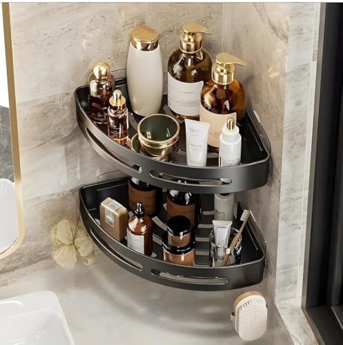 Image of TEKCOOL Bathroom Organiser, Plastic Self Adhesive Bathroom Shelf for Wall Corner, Washroom Organizer, Bathroom Rack Stand Without Drilling (Set of 2)