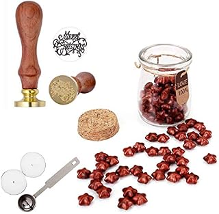 Mogoko Wax Seal Stamp Kit, 1 Pcs Merry Christmas Wax Seal Stamp and 120 Pcs Star Shape Sealing Wax Beads with Melting Spoon and Candles