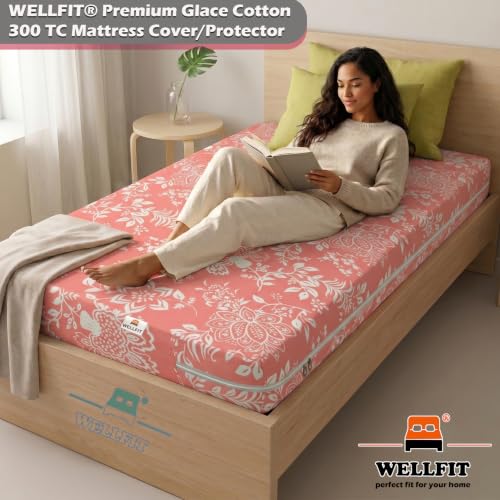 Image of WELLFIT Premium Glace Cotton 300 TC Mattress Cover /Protector for Single Size Bed with Zip /Chain /4x6.25 ft / 48x75x6 inch