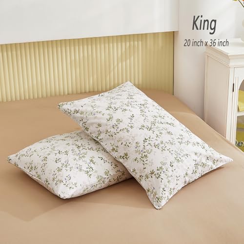Image of ECOCOTT Pillowcase King Size Set of 2, Mini Green Leaves Pattern Printed Floral Pillow Cases - Soft and Breathable 100% Cotton Pillow Covers with Envelope Closure (King, 20 inchx36 inch)