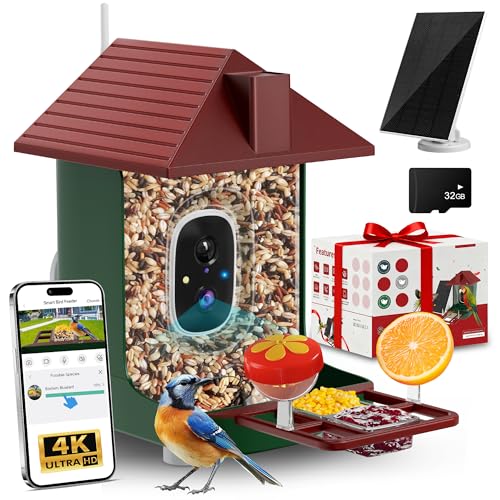 Smart Bird Feeder with Camera,5200mAh Battery with Solar Panel, 4K Native Resolution Live View, AI Species Identification, Auto Capture & Instant Arrival Alert, Ideal Gift for Bird Lovers (Red Green)