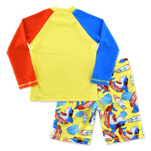 Image of Kids Short Sleeve Sunsuit Swimwear Boys Two Piece Rash-Guard-Sets Dinosaur Pattern