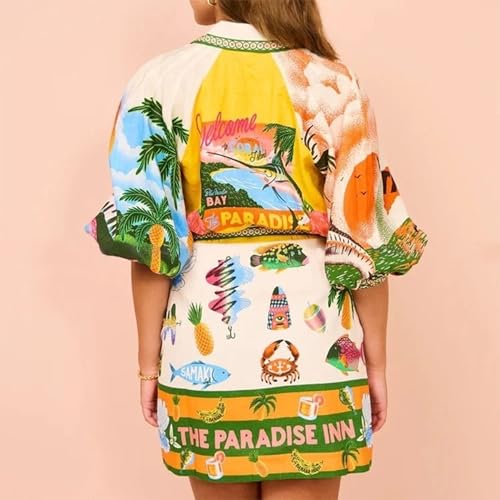 Image of Women's Summer Casual Short Dress, 2025 Vacation Style Printed Lace-Up Cardigan Elegant Vibe Short Dress Green