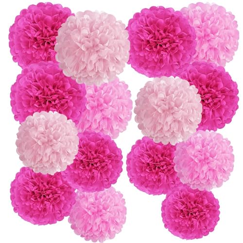 Hot Pink Tissue Pom Poms Paper Flowers Hanging Decorations Pink Flower Ball for Mother's Day Baby Shower Wedding Nursery Birthday Party Backdrop Home Outdoor
