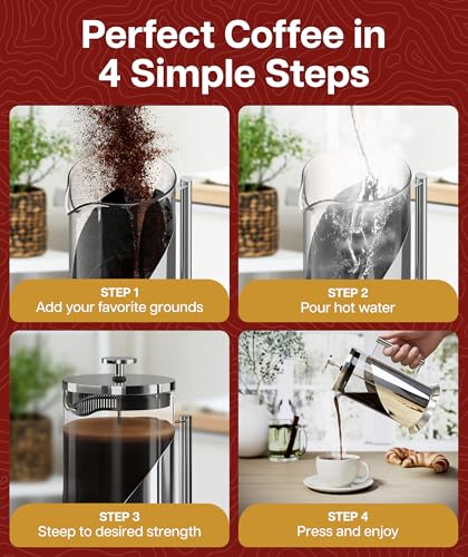 Image of Cafe Du Chateau Stainless Steel French Press Coffee Maker 34 oz - Insulated Coffee Press with 4-Level Filtration, Manual Brewer for Tea, Camping & Travel, BPA-Free Glass (Pack of 2)