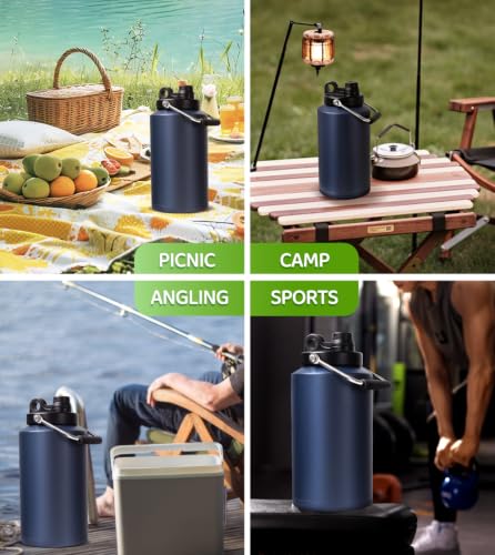 Image of Insulated Water Bottle,1 Gallon Jug with Handle, 128oz Stainless Steel, Large Water Wide Mouth Bottle for Hot & Cold Drinks, Ideal for Travel, Camping, Family (Dark Blue)