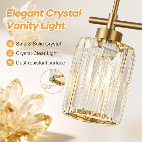 Image of Modern Crystal Bathroom Vanity Light, 4-Light Gold Bathroom Light Fixtures Over Mirror, Crystal Vanity Light with Brushed Gold Finish (Bulbs Not Included)