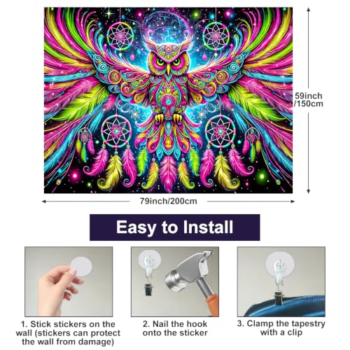 Image of BlissYard Owl Tapestry Blacklight Tapestry 79x59 Inch Trippy Wall Hanging | Trippy Decration with Uv Reactive Colors for Bedroom Dorm and Party Walls