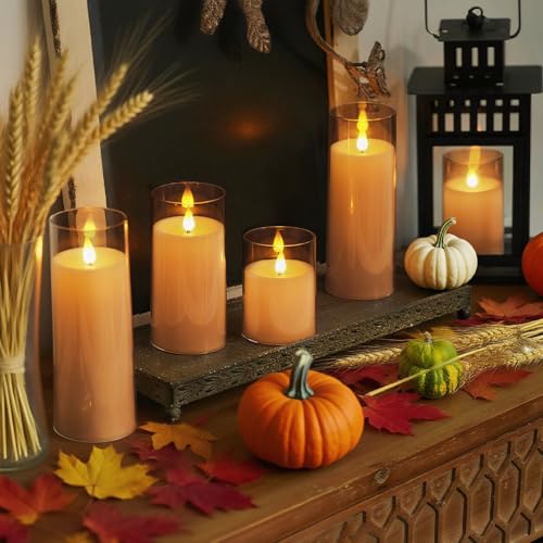 Image of Homemory Amber Flickering Flameless Candles, Battery Operated Acrylic LED Pillar Candles with Remote Control and Timer, Fall Candles, Set of 5