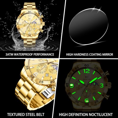 Image of OLEVS Men's Watches Luxury Chronograph Waterproof Dress Business Quartz Analog Stainless Steel Multifunction Fashion Watches with Date, Sun-noon Phase Big Dial 44mm, Luminous Hands Scales