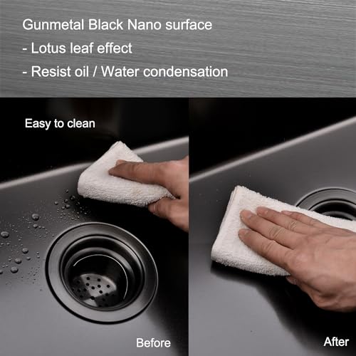 Image of 28 Inch Undermount Kitchen Sink Black, 28x18 Gunmetal Black 16 Gauge Stainless Steel Single Bowl Under Mount Commercial Kitchen Sinks 9 Inch Deep Includes Drain