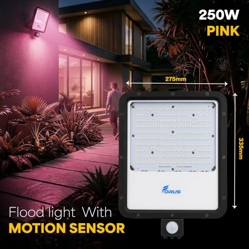 Image of Forus 250W LED Flood Light Pink with Motion Sensor Auto On Off Day Night Mode Waterproof Outdoor Security Light for Garden Parking Garage Factory Warehouse Shop High Bright Floodlight 4Yr Warranty-1Pc