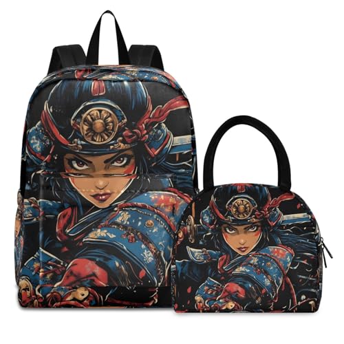 Backpack Lunch Bag Set Cartoon Samurai Print, Big Storage Travel Backpacks with Insulated Lunch Box for Office Hiking Picnic