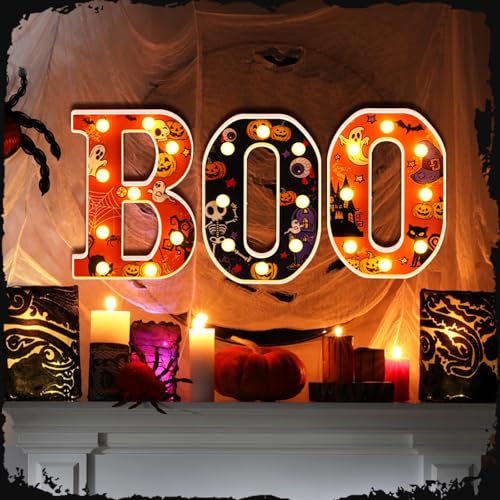 Image of Aurelema Halloween Boo Light up Sign Table Decorations, LED Boo Marquee Words Indoor Tabletop Centerpiece for Bedroom Kitchen Fireplace Party Supplies