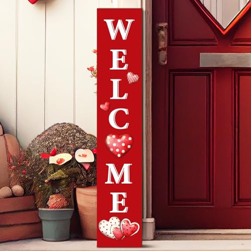 Chitidr Valentine's Day Welcome Porch Sign for Front Standing Wooden Vertical Porch Sign Rustic Valentines Day Front Decor for Farmhouse Door Decoration, 47" H