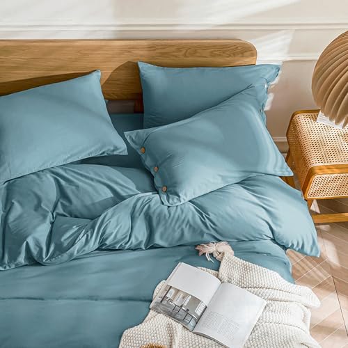 Image of JELLYMONI Cotton Duvet Cover Queen Size - Grayish Blue Comforter Cover with Button 100% Washed Cotton 3PCS Breathable Soft Solid Bedding Set Duvet Cover 90x90in & 2 Pillowcases (NO Comforter)