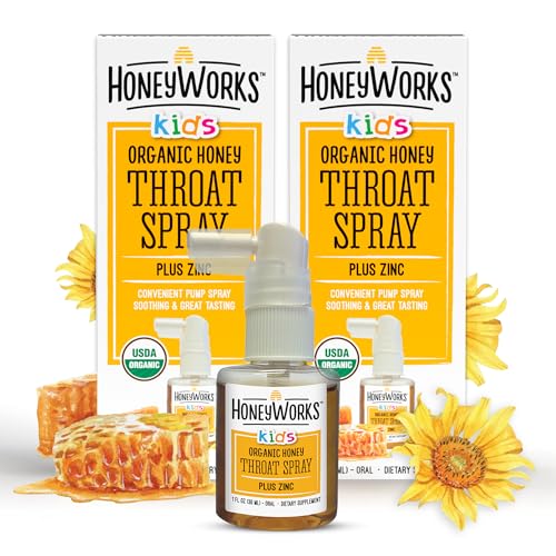 Image of HoneyWorks Kids Throat Spray for Sore Throat Relief, 1 Oz (Pack of 2) Soothing Non-GMO USDA Organic Dark Honey + Zinc, Fast-Acting Relief, 12 Months+