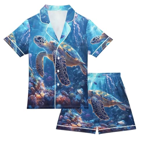 Blue Sea Turtle Art Pajamas Set Summer Button Down Sleepwear Pjs Sets Comfy Loungewear