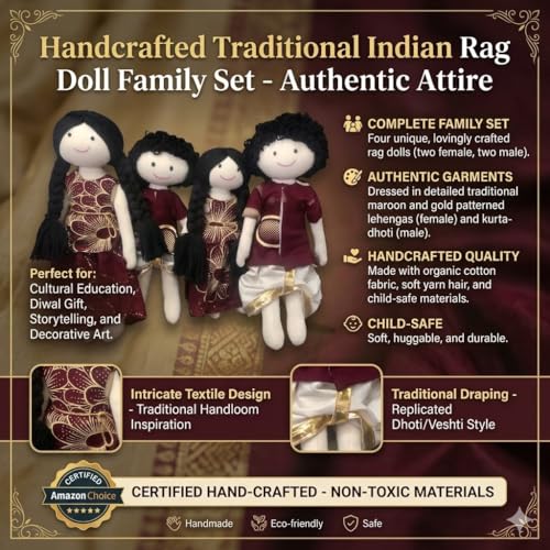 Image of Maroon Traditional Family Handcrafted Indian Rag Doll Set, Soft Cotton Fabric & Yarn Hair South Indian Cloth Dolls, Handmade Fabric Dolls for Kids, Decor & Gift (Set of 4)