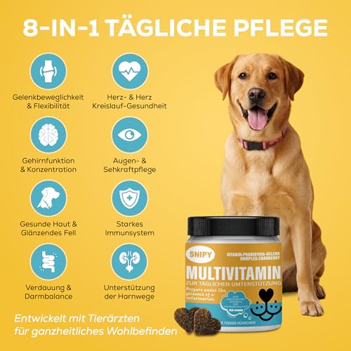 Multivitamine für Hunde – 100 Soft Snacks mit Probiotika, Vitaminen, Omega-3 & Grünlippmuschel, SNIPY Premium, Fell, Gelenke & Vitalität