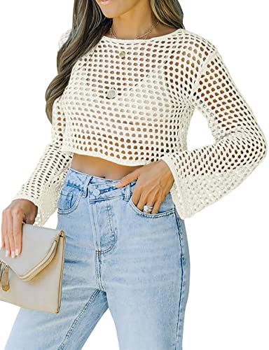Womens Fishnet Crochet Crop Top Sexy Long Sleeve See Through Hollow Out Mesh Bikini Cover Ups2