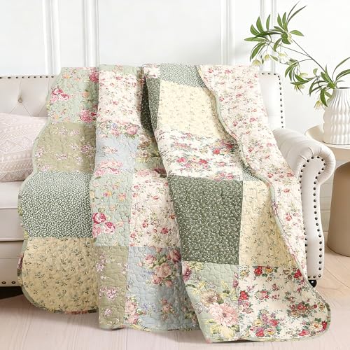 vctops 100% Cotton Quilted Throw Blanket 50x60 Inch Floral Patchwork Reversible All Season Throw (Green B 50x60)