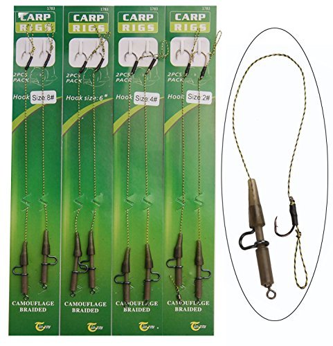 4 Pack Carp Fishing Hair Rigs With Swivel Hook - Mixed Sizes 2,4,6,8