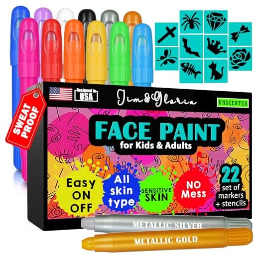 Jim&Gloria Face Paint Kit with Gold and Silver - 12 Rainbow Colors Large Washable Face & Body Painting Crayons Stick with Stencils Kids Toddlers Teens and Adults Gifts Crafts for Birthday Halloween