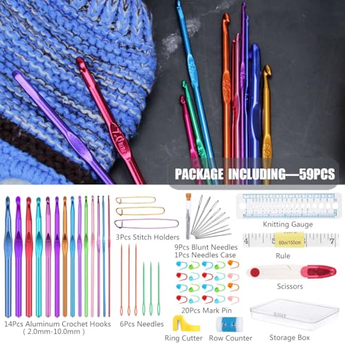 YINVA 59Pcs Crochet Hooks Set 14pcs Aluminum Crochet Hooks 20pcs Crochet Stitch Marker Knitting Accessories Tools with Case Crochet Kits for Beginners Adults 2.0mm-10.0mm - Image 3