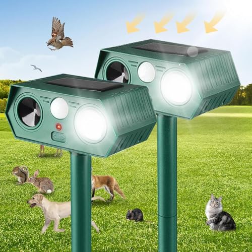 2025 Solar Animal Repellent,Upgraded Ultrasonic Cat Repellent Outdoor,Waterproof Deer Deterrent for Bird Dog Skunk,Squirrels Deterrent with Motion Detection Flash Lights for Farm Patio (2 Pack)