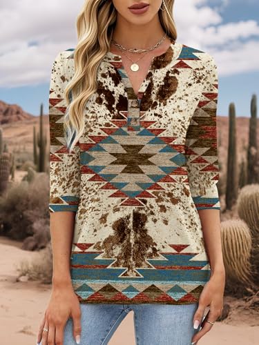 Binshre Womens Western Tops 3/4 Length Sleeve Shirts V Neck Graphic Shirts for Women Casual Tunic Blouses Cactus Desert Tees2